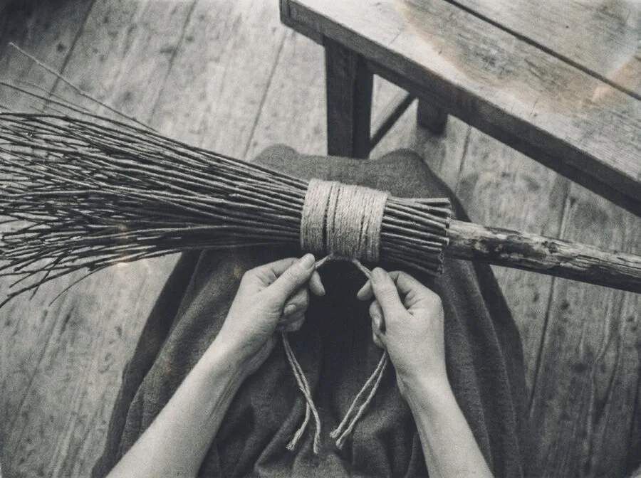 Tying a willow broom by hand